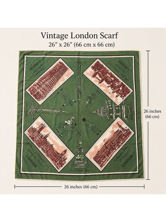 Selfridges Accessories - Vintage London Scarf Green Selfridges Tourist Landmark Made in Japan Satin Aceta